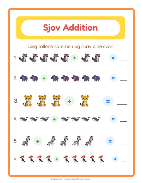 Forhåndsvisning af Addition-arbejdsark med Dyr til Børnehaveklasse