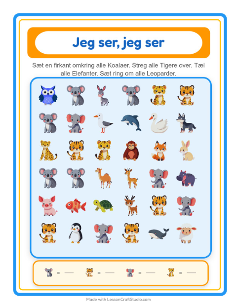Forhåndsvisning af Find Og Tæl-arbejdsark med Dyr til Børnehave