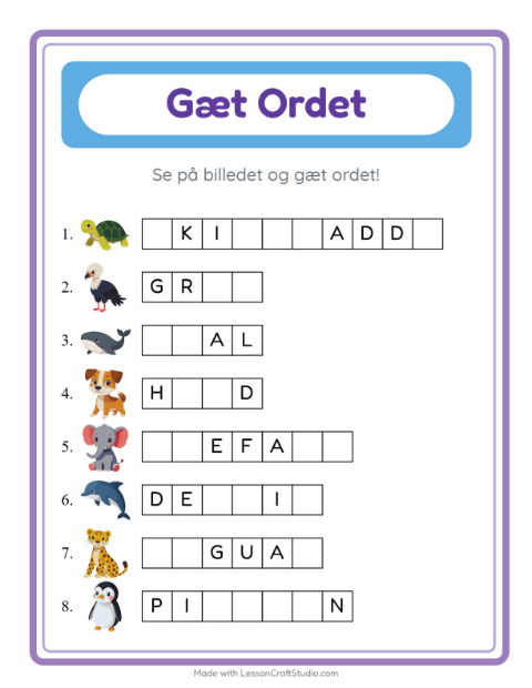 Forhåndsvisning af Gæt Ordet-arbejdsark med Dyr til Børnehaveklasse