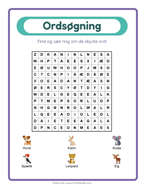 Forhåndsvisning af Ordsøgning-arbejdsark til 1. klasse