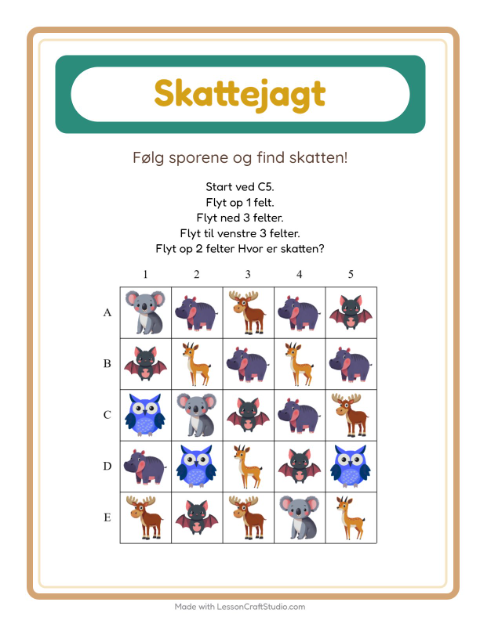 Forhåndsvisning af Skattejagt-arbejdsark med Dyr til 1. klasse