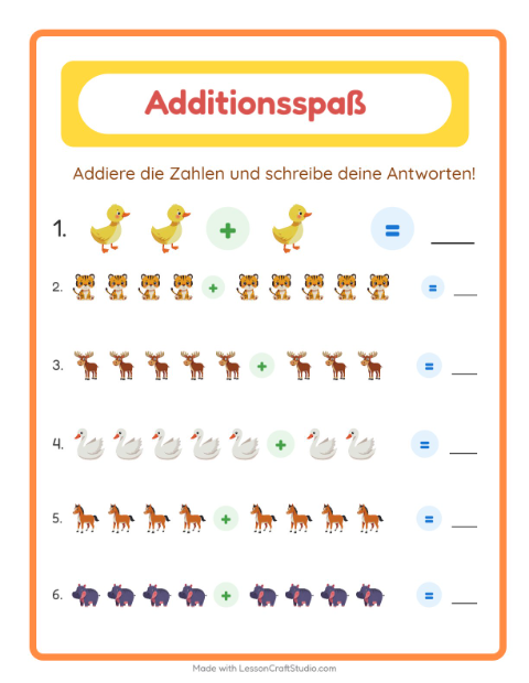 Vorschau: Addition-Arbeitsblatt mit Tiere für Kindergarten