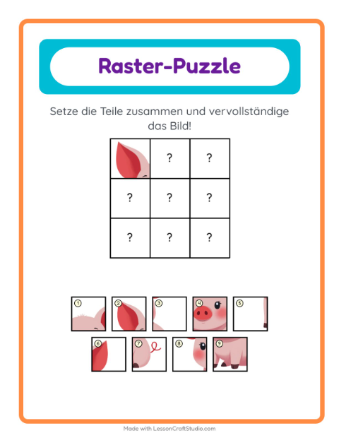 Vorschau: Gitter-Zuordnung-Arbeitsblatt mit Tiere für Kindergarten