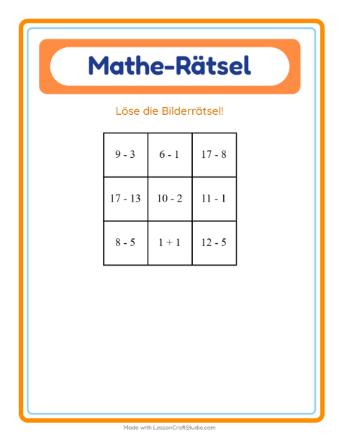 Vorschau: Mathe-Rätsel-Arbeitsblatt mit Tiere für 1. Klasse