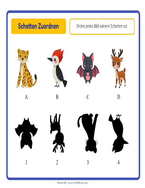 Vorschau: Schatten zuordnen-Arbeitsblatt mit Tiere für Kindergarten