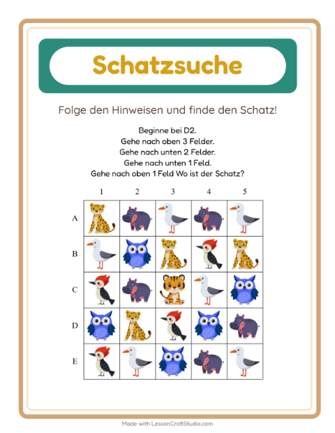 Vorschau: Schatzsuche-Arbeitsblatt mit Tiere für 1. Klasse