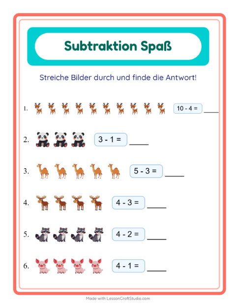 Vorschau: Subtraktion-Arbeitsblatt mit Tiere für Kindergarten