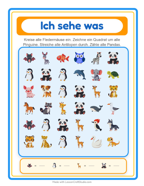 Vorschau: Suchen und zählen-Arbeitsblatt mit Tiere für Vorschule