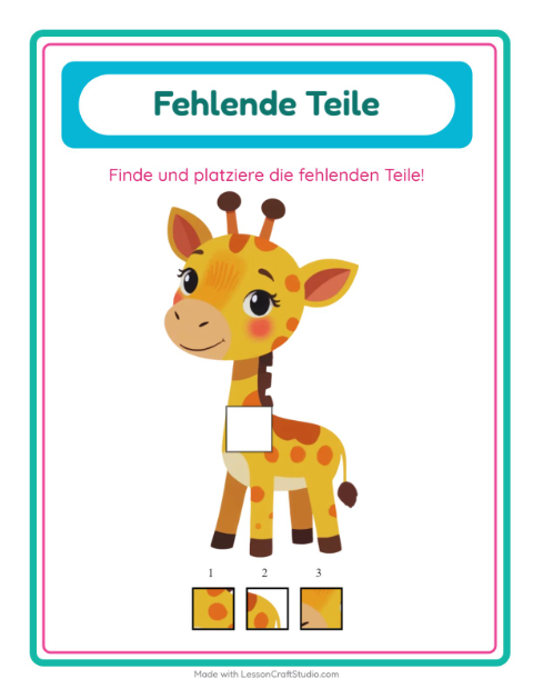 Vorschau: Was fehlt-Arbeitsblatt mit Tiere für Kindergarten