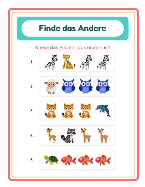 Vorschau: Was passt nicht-Arbeitsblatt mit Tiere für Kindergarten