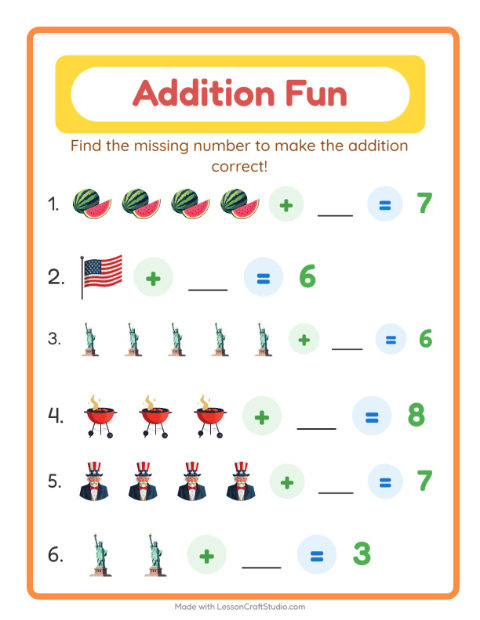 Preview of Addition worksheet featuring 4th of July for kindergarten