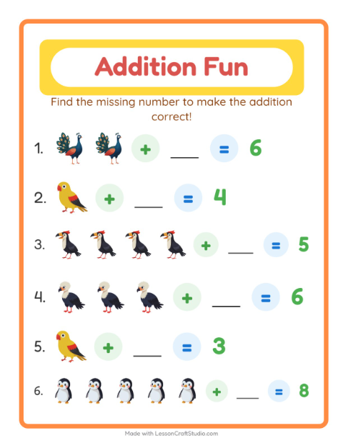 Preview of Addition worksheet featuring Birds for kindergarten