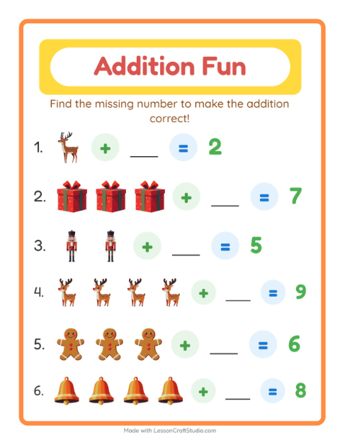 Preview of Addition worksheet featuring Christmas for kindergarten
