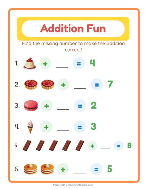 Preview of Addition worksheet featuring Desserts and Sweets for kindergarten