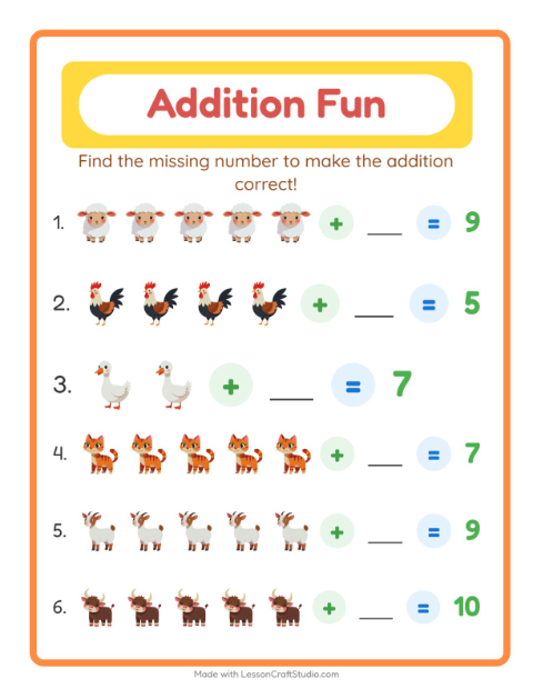 Preview of Addition worksheet featuring Farm Animals for kindergarten