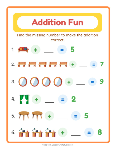 Preview of Addition worksheet featuring Furniture for kindergarten