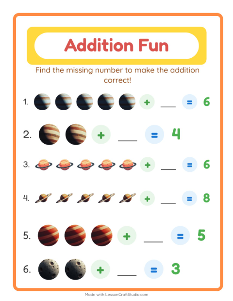 Preview of Addition worksheet featuring Space for kindergarten