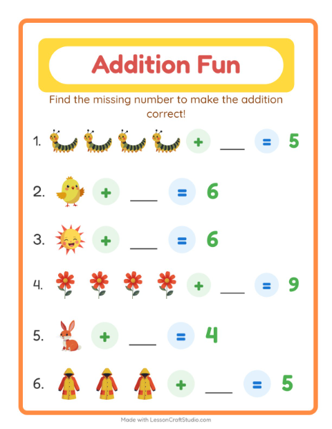 Preview of Addition worksheet featuring Spring for kindergarten