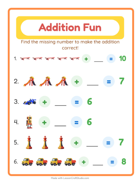Preview of Addition worksheet featuring Toys for kindergarten