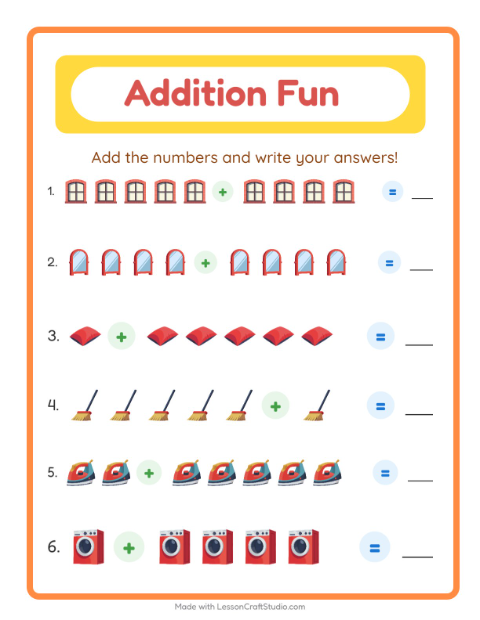 Preview of Addition worksheet featuring Around the House for kindergarten