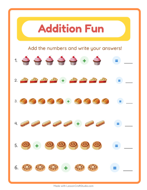 Preview of Addition worksheet featuring Bakery for kindergarten