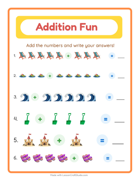 Preview of Addition worksheet featuring Beach for kindergarten