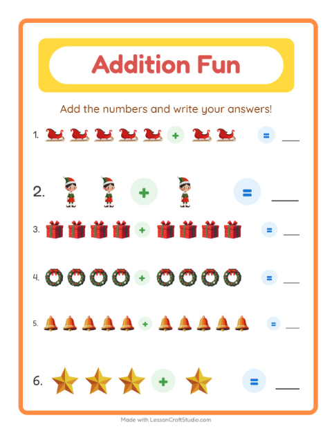 Preview of Addition worksheet featuring Christmas for kindergarten