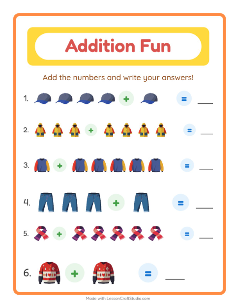 Preview of Addition worksheet featuring Clothing for kindergarten