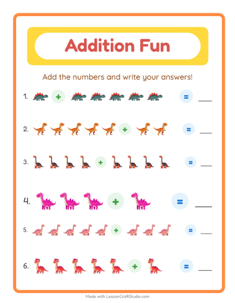 Preview of Addition worksheet featuring Dinosaurs for kindergarten