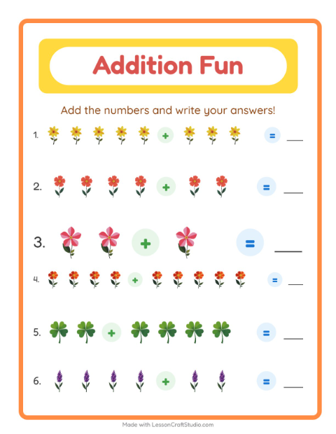 Preview of Addition worksheet featuring Flowers for kindergarten