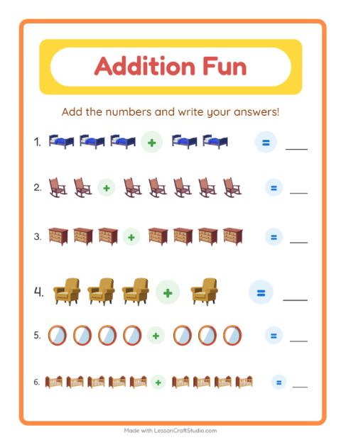 Preview of Addition worksheet featuring Furniture for kindergarten