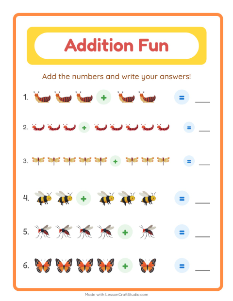 Preview of Addition worksheet featuring Insects and Bugs for kindergarten