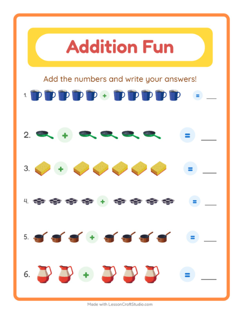 Preview of Addition worksheet featuring Kitchen Tools for kindergarten