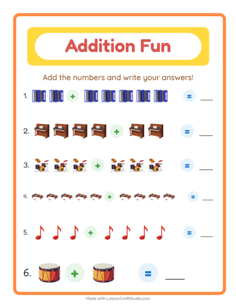 Preview of Addition worksheet featuring Music for kindergarten