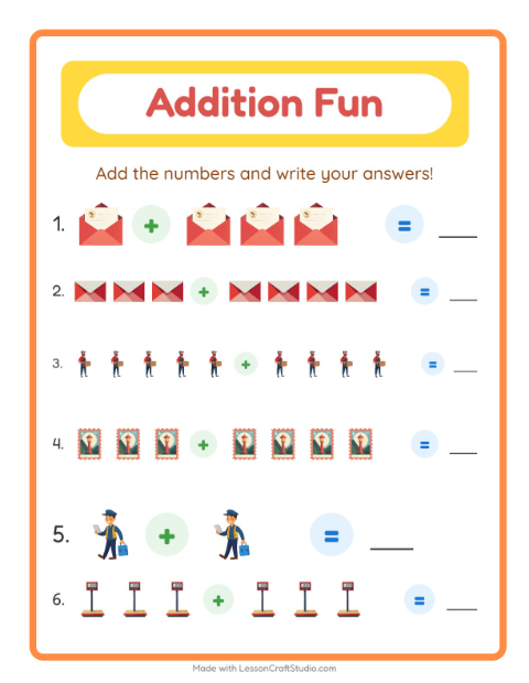 Preview of Addition worksheet featuring Post Office for kindergarten