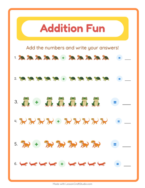 Preview of Addition worksheet featuring Reptiles and Amphibians for kindergarten