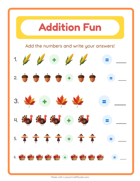 Preview of Addition worksheet featuring Thanksgiving for kindergarten