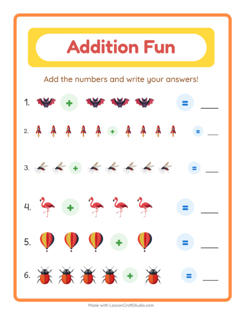 Preview of Addition worksheet featuring Things That Fly for kindergarten