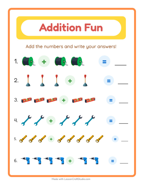 Preview of Addition worksheet featuring Tools for kindergarten