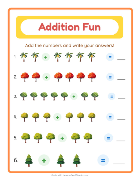 Preview of Addition worksheet featuring Trees for kindergarten