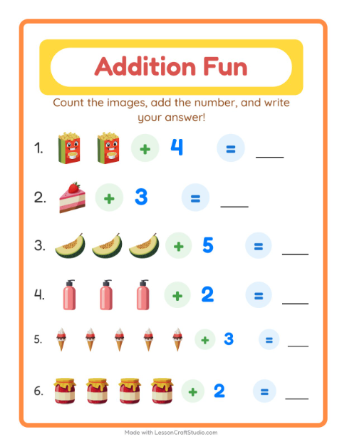 Preview of Addition worksheet featuring At the Supermarket for kindergarten