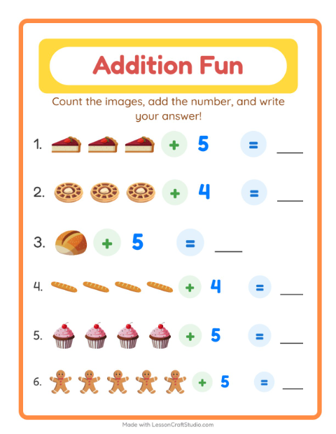 Preview of Addition worksheet featuring Bakery for kindergarten