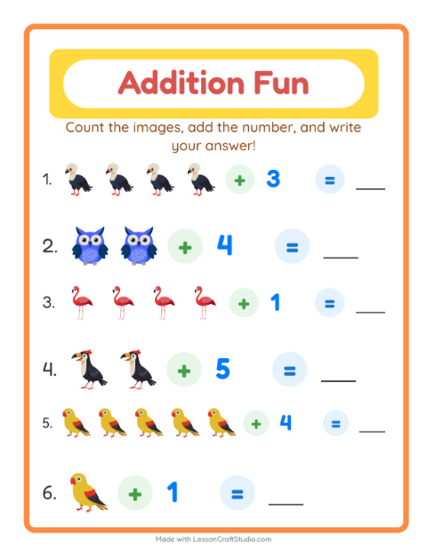 Preview of Addition worksheet featuring Birds for kindergarten