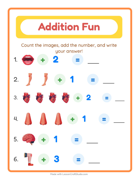 Preview of Addition worksheet featuring Body Parts for kindergarten