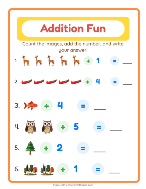 Preview of Addition worksheet featuring Camping for kindergarten
