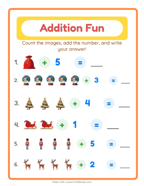 Preview of Addition worksheet featuring Christmas for kindergarten