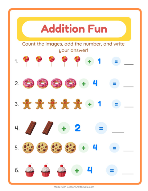 Preview of Addition worksheet featuring Desserts and Sweets for kindergarten