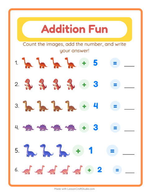 Preview of Addition worksheet featuring Dinosaurs for kindergarten