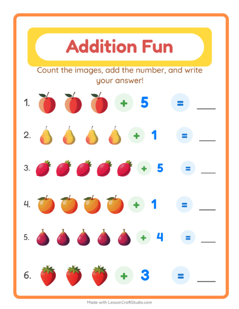 Preview of Addition worksheet featuring Fruits for kindergarten