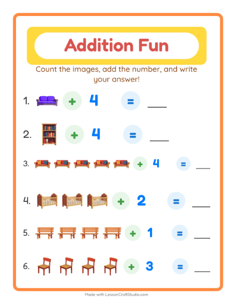 Preview of Addition worksheet featuring Furniture for kindergarten